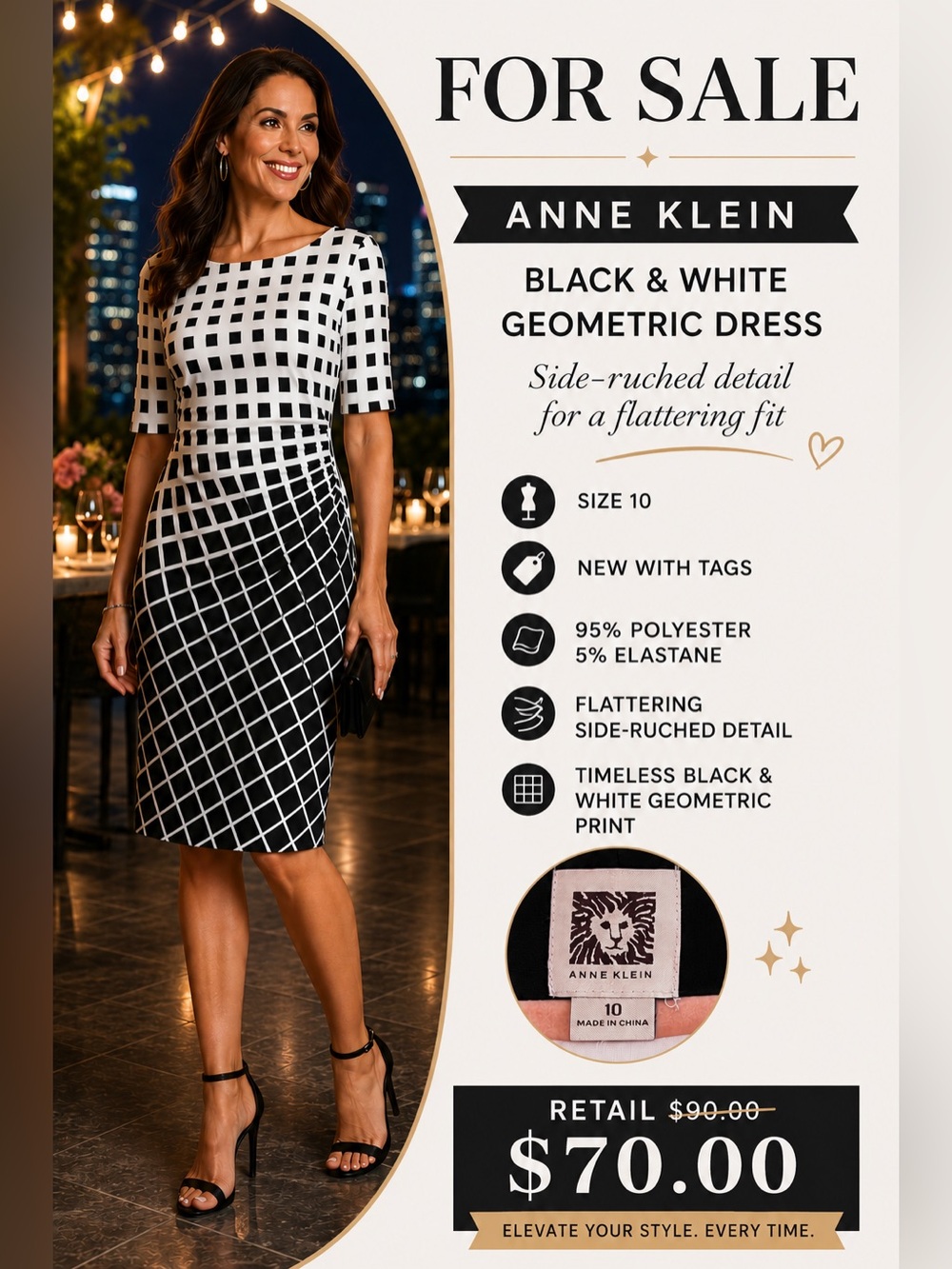 NWT—Anne Klein Black and White Geometric Dress Size 10